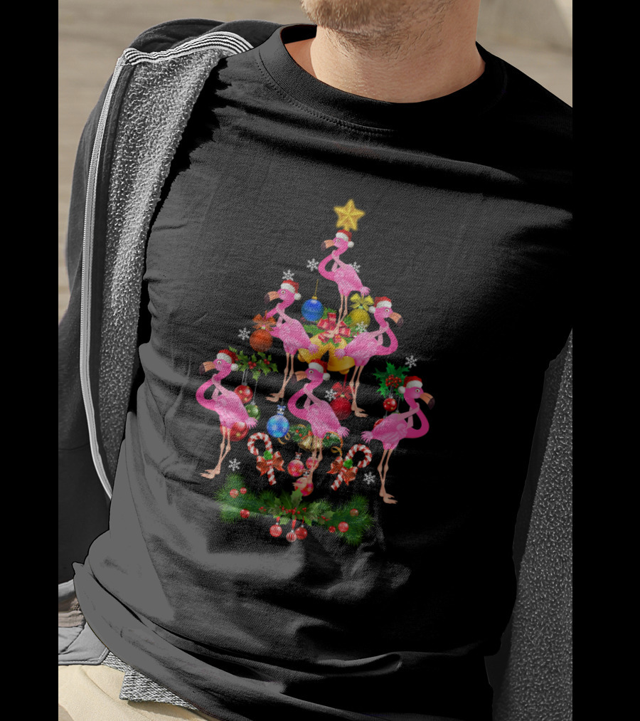 Flamingo Santa Christmas Tree Pink Ribbon Holiday Decor Icons T-Shirt