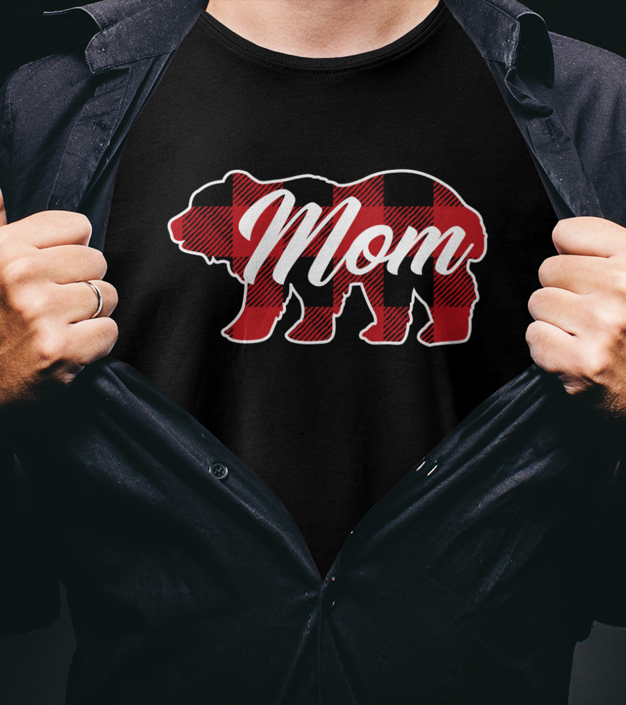 Family Christmas Matching Buffalo Plaid Bear Mom T-Shirt