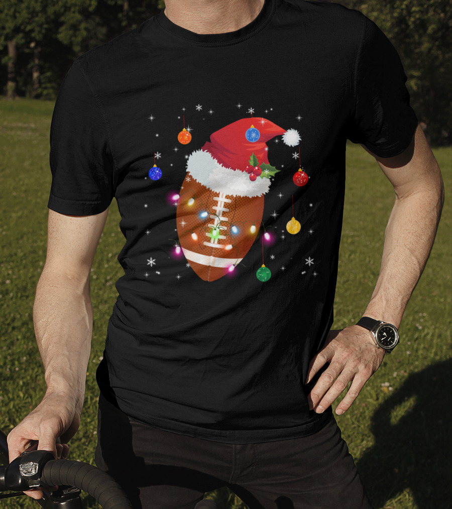 Christmas Football Santa Hat Ornaments Lights T-Shirt