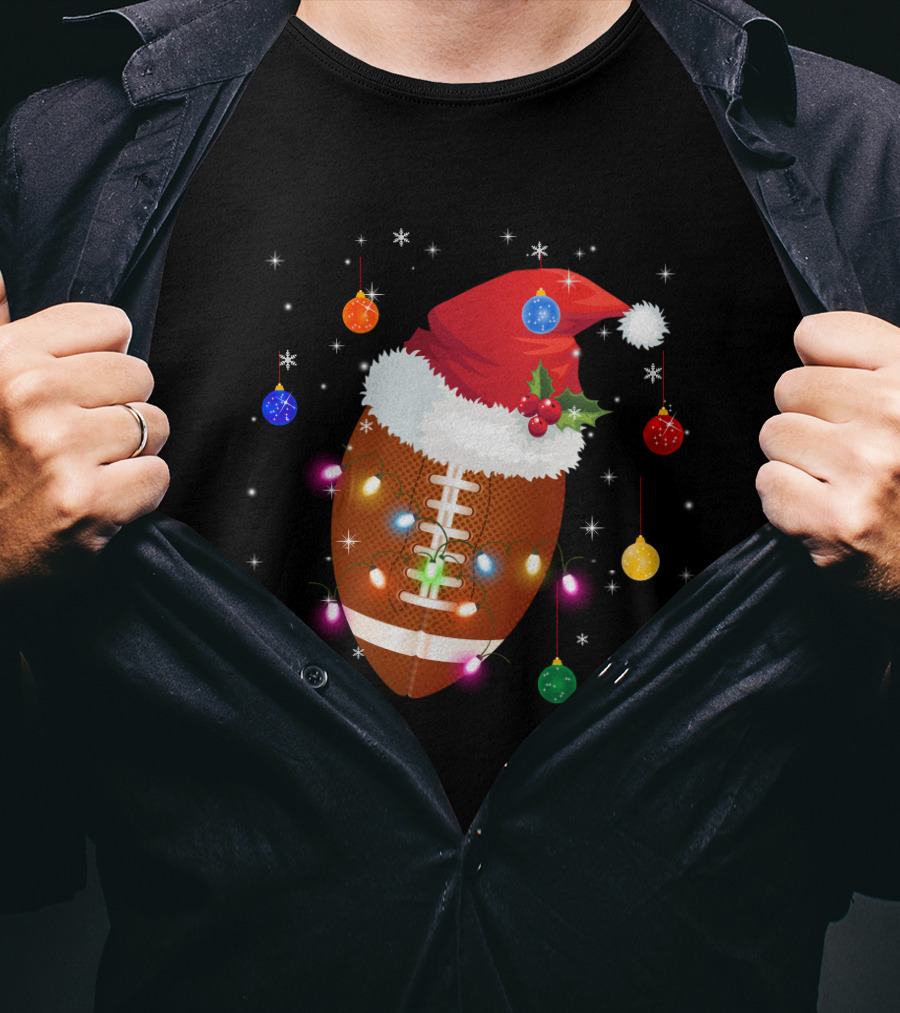 Christmas Football Santa Hat Ornaments Lights T-Shirt