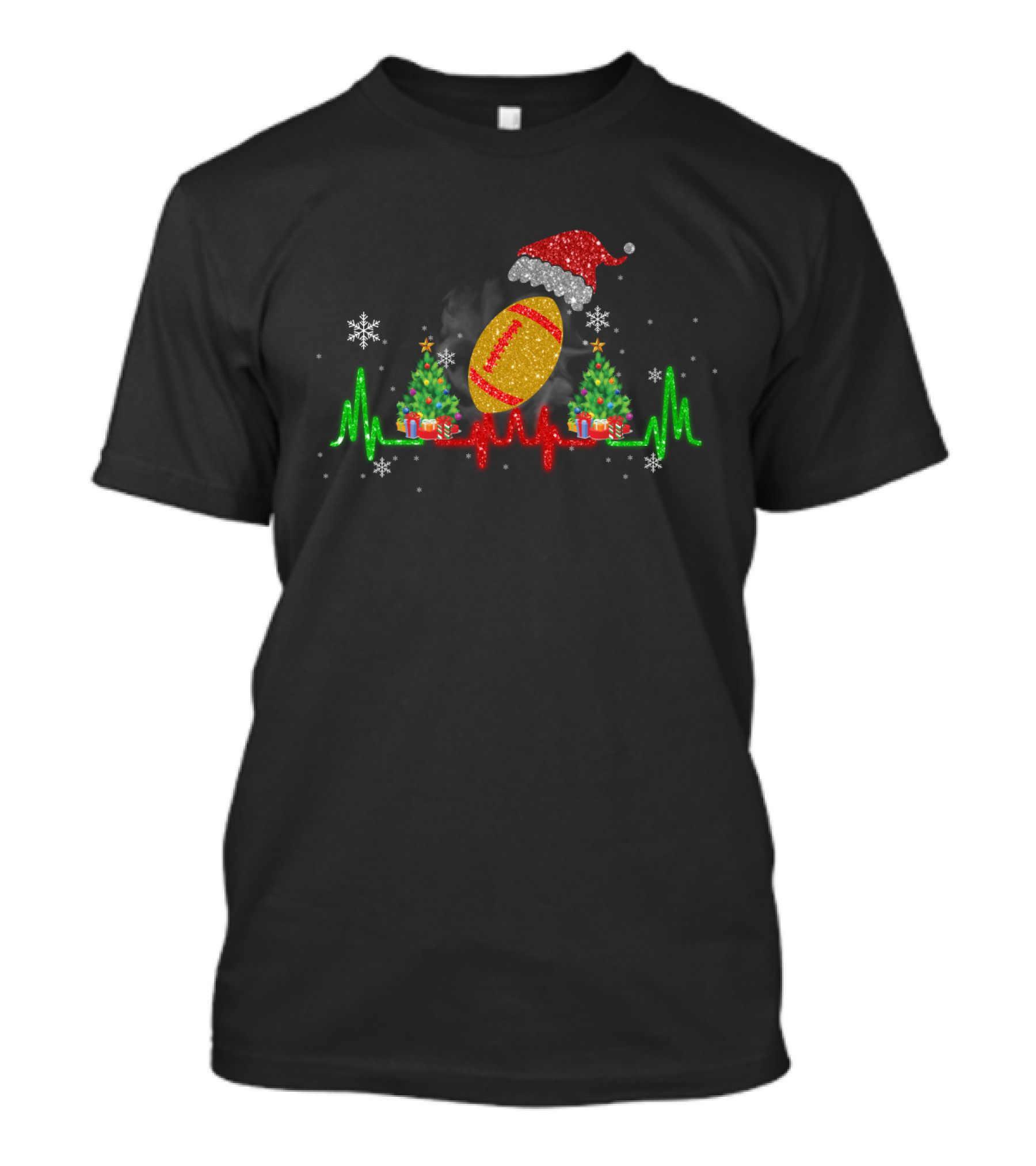 Christmas Football Heartbeat With Santa Hat And Trees T-Shirt