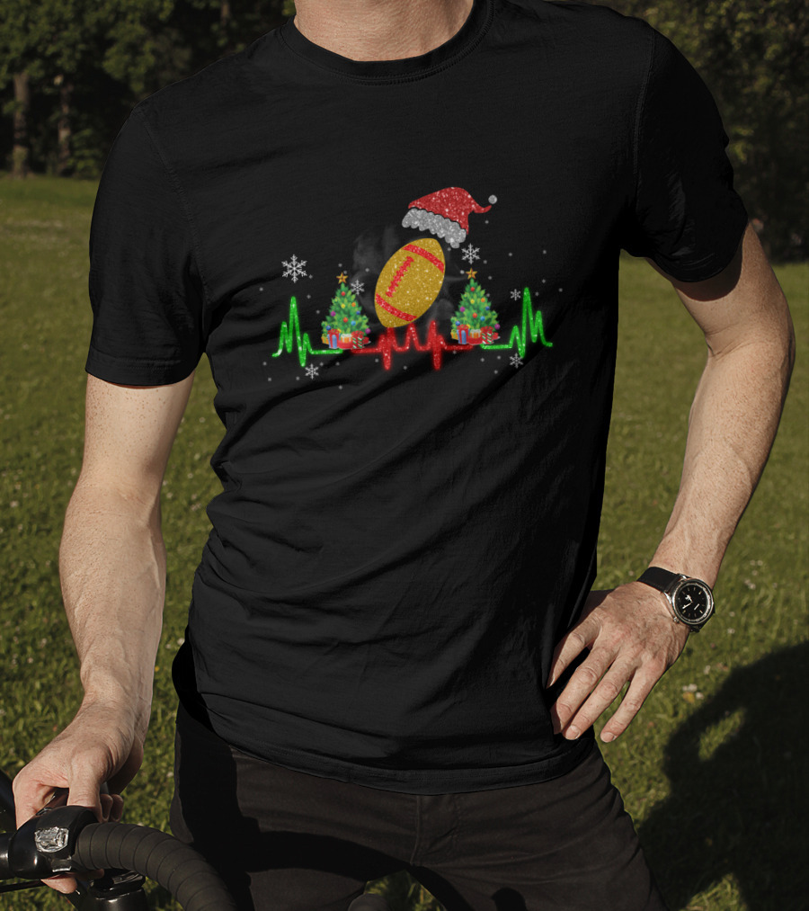 Christmas Football Heartbeat With Santa Hat And Trees T-Shirt