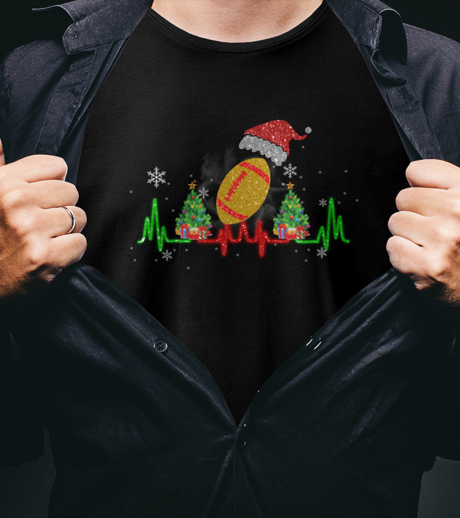 Christmas Football Heartbeat With Santa Hat And Trees T-Shirt