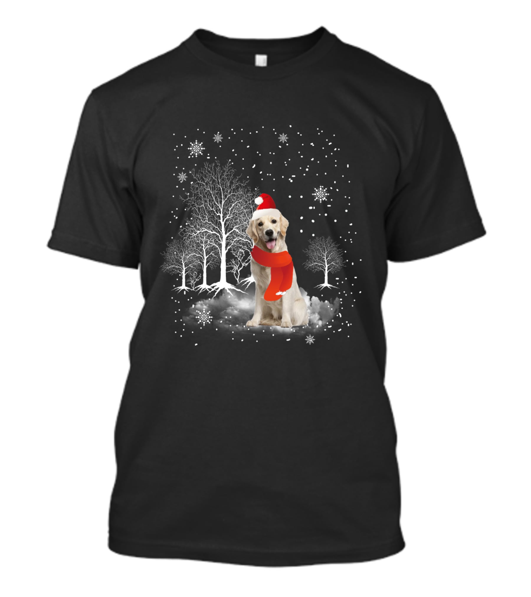 Golden Retriever Santa Hat Snowy Forest Holiday Scene T-Shirt