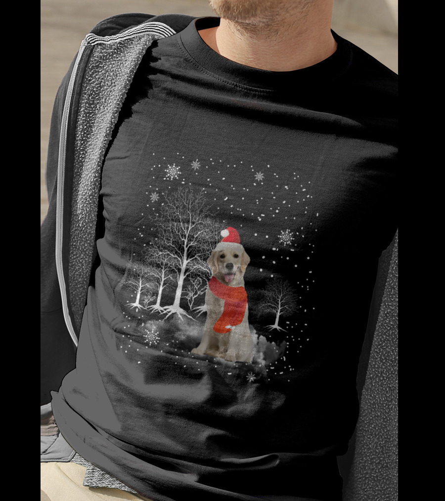 Golden Retriever Santa Hat Snowy Forest Holiday Scene T-Shirt