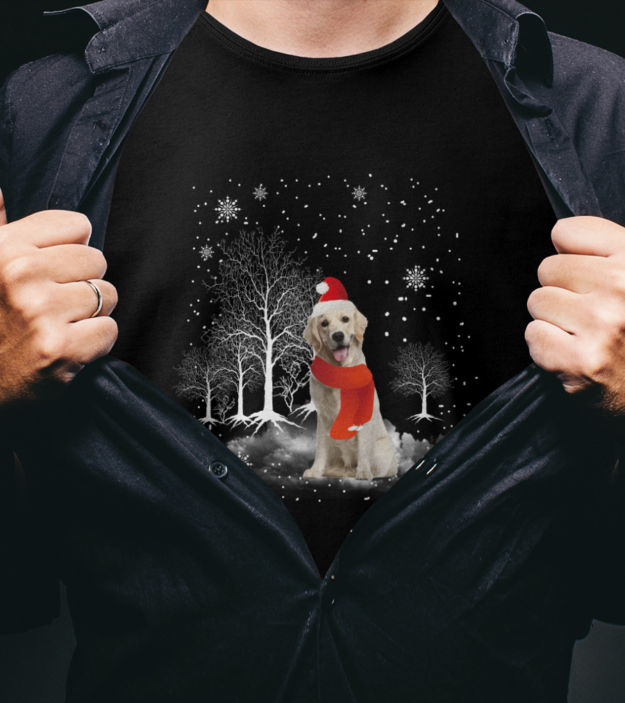 Golden Retriever Santa Hat Snowy Forest Holiday Scene T-Shirt