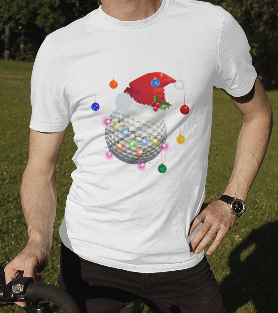 Christmas Golf Ball Santa Hat Holiday Lights T-Shirt