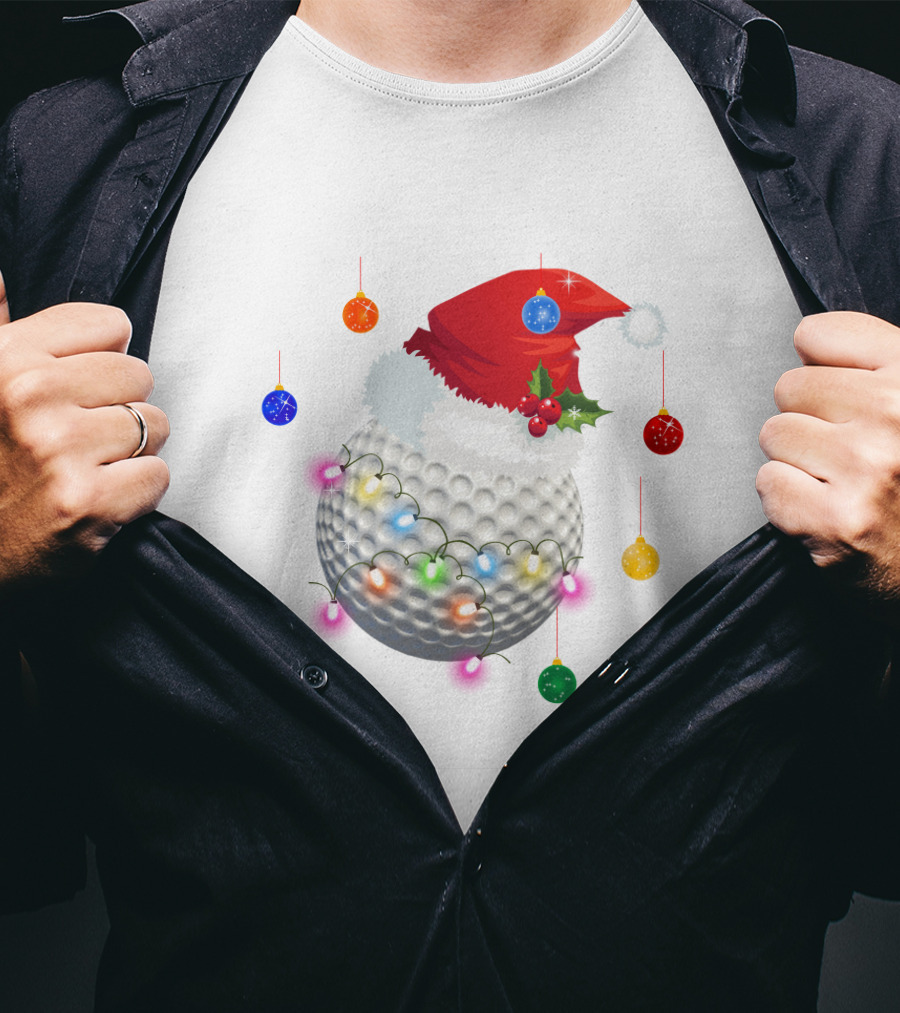 Christmas Golf Ball Santa Hat Holiday Lights T-Shirt