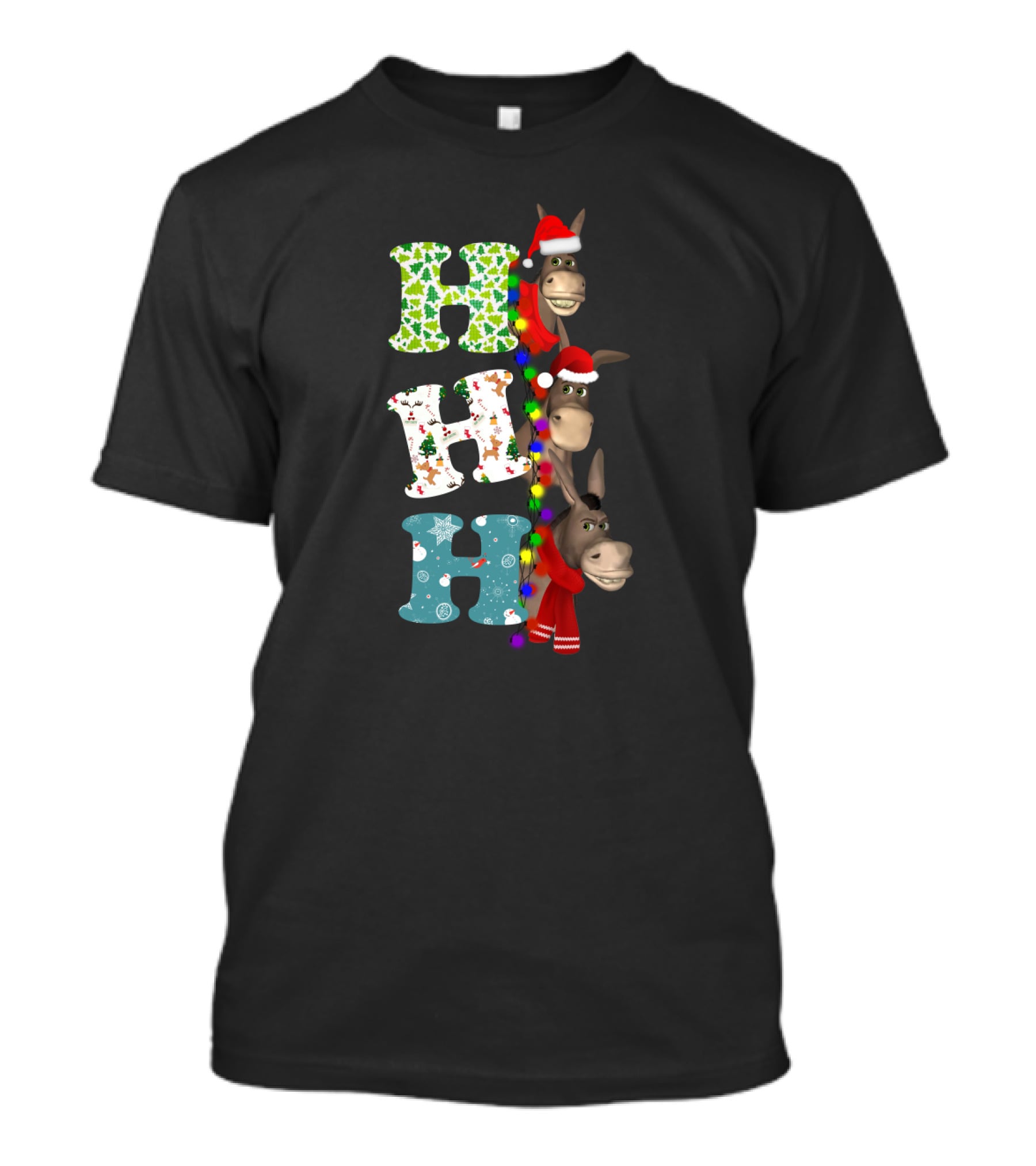 Hohoho Christmas Donkey With Santa Hats And Colorful Lights T-Shirt