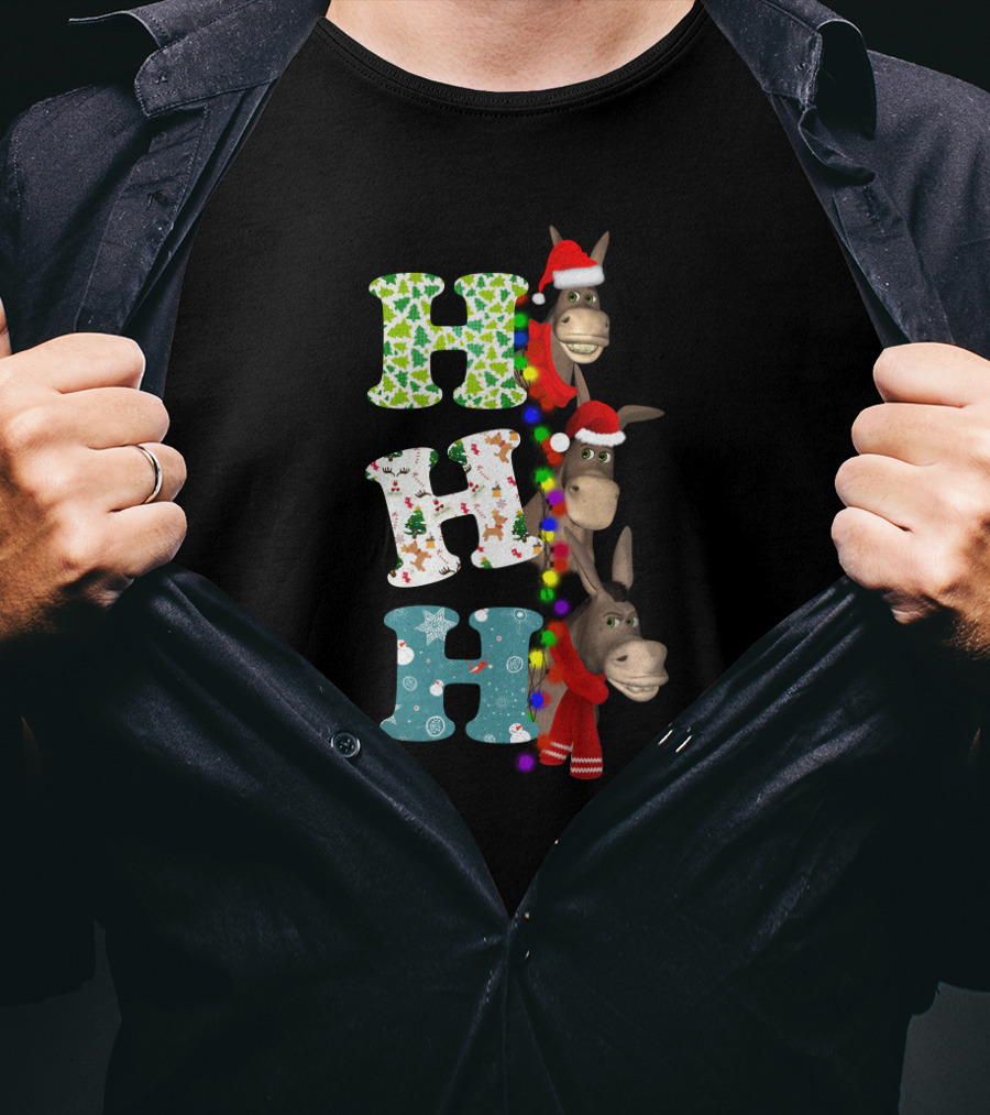 Hohoho Christmas Donkey With Santa Hats And Colorful Lights T-Shirt