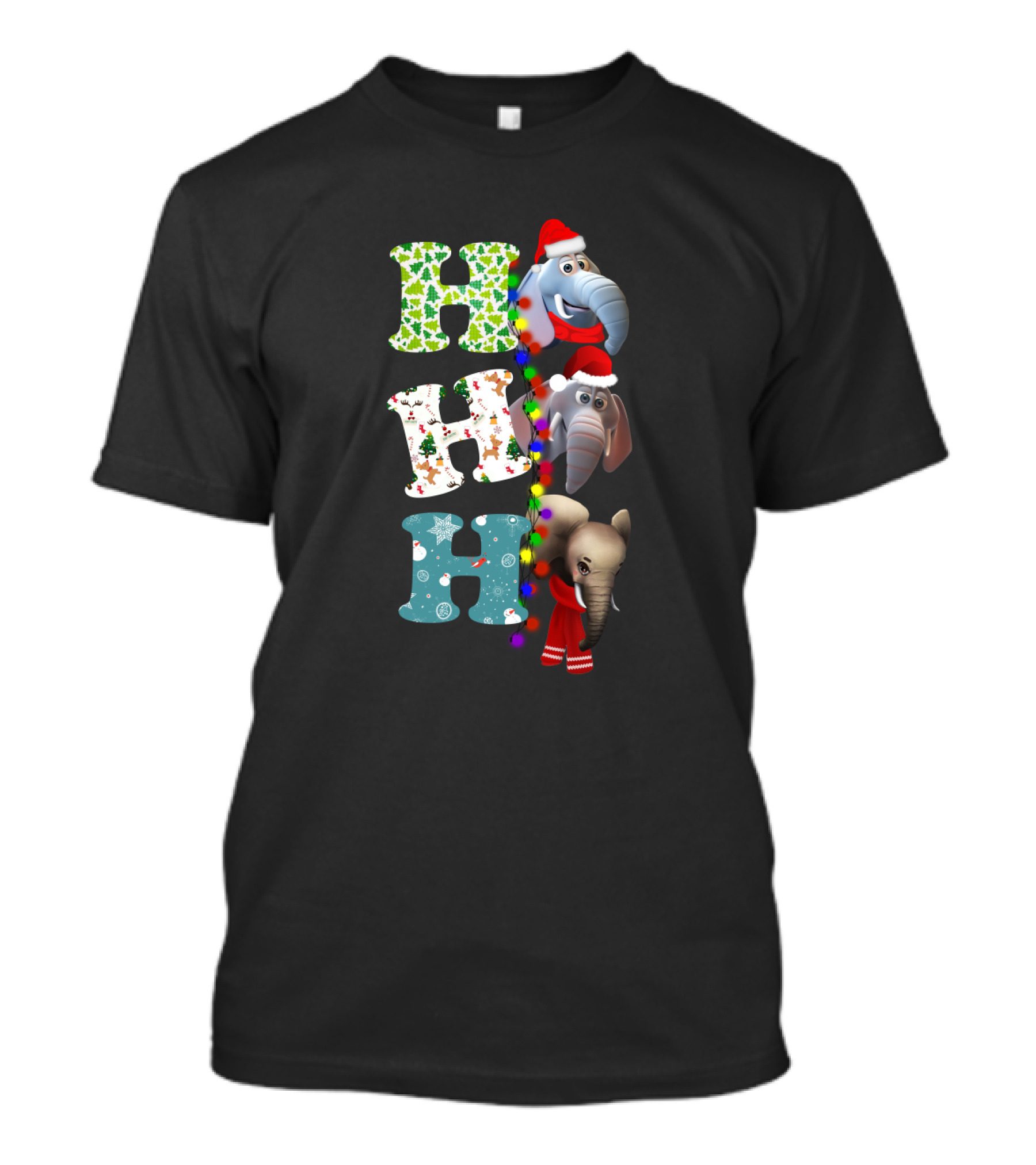 Ho Ho Ho Christmas Elephants Santa Hats And Holiday Lights T-Shirt