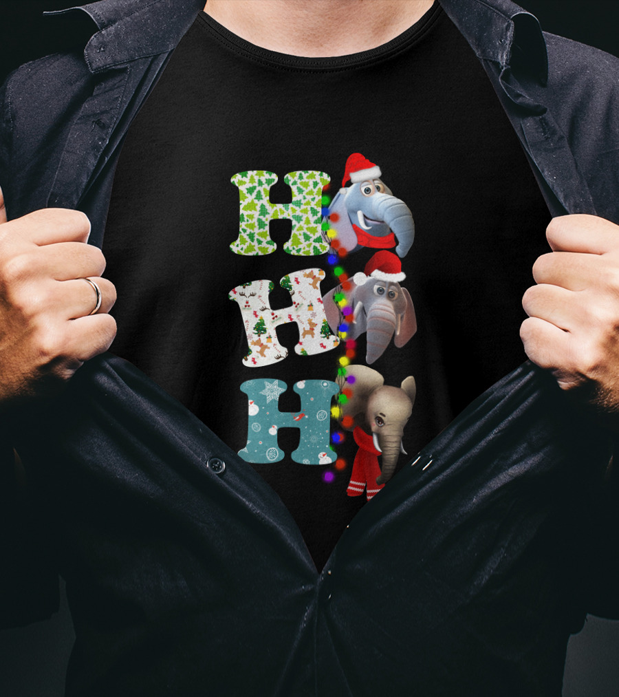Ho Ho Ho Christmas Elephants Santa Hats And Holiday Lights T-Shirt