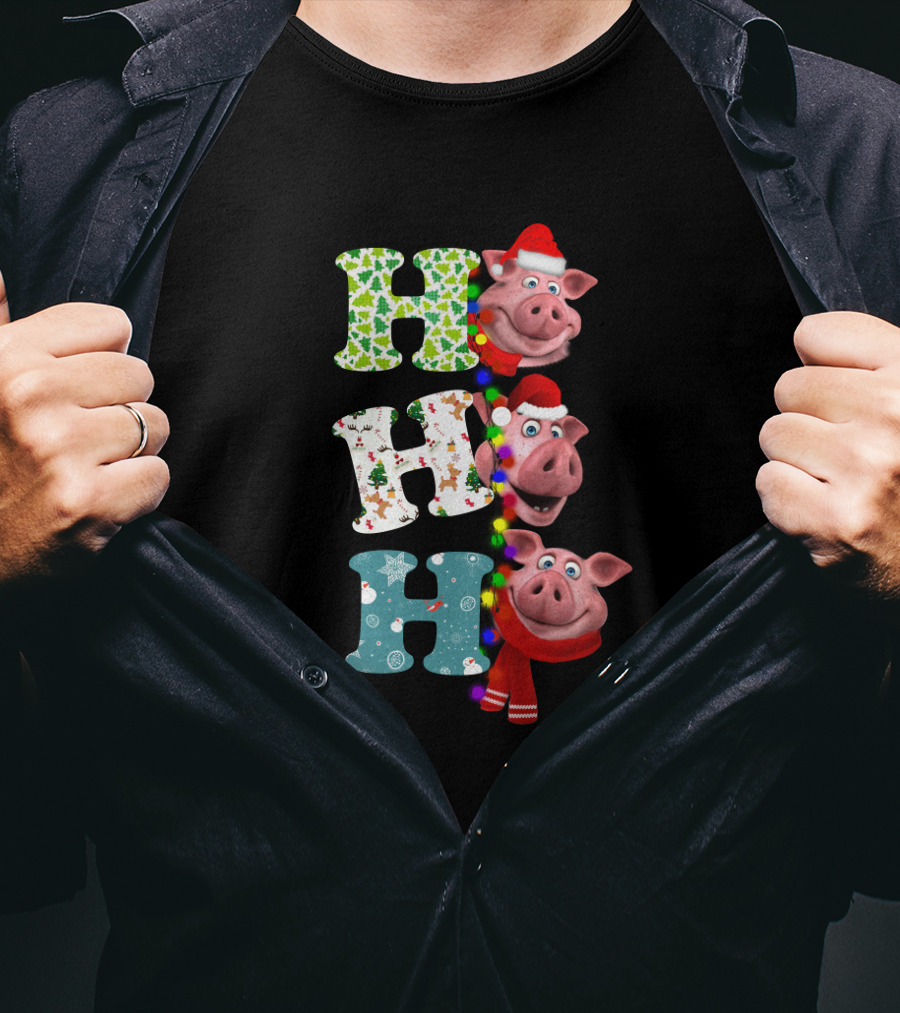 Hohoho Pig Christmas Lights Santa Hat Scarf Playful Holiday Hollysnowflakes T-Shirt