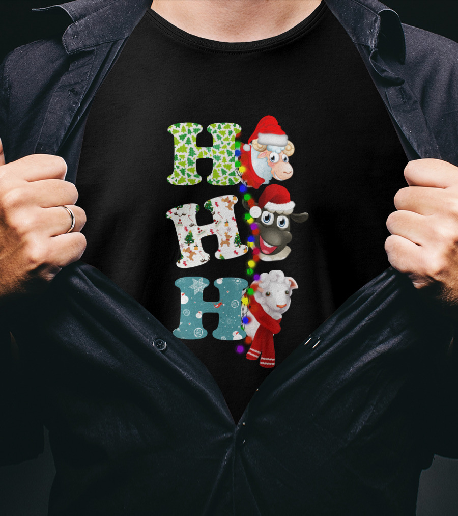 Hohoho Sheep Christmas Santa Lights And Festive Hats T-Shirt