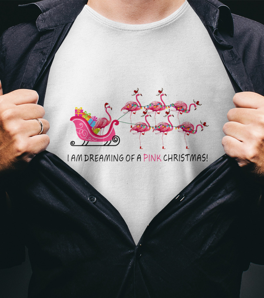 I Am Dreaming Of A Pink Christmas Flamingo Sleigh T-Shirt