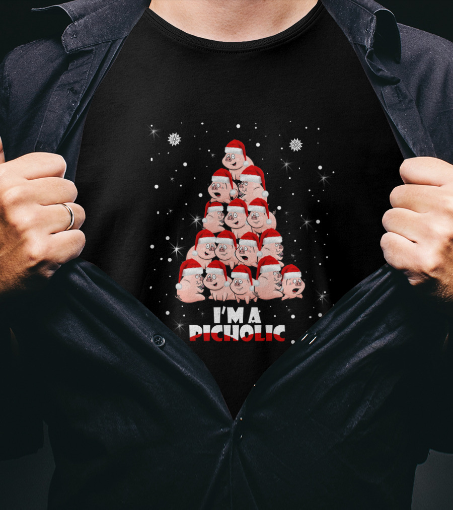 I'm A Pigholic Santa Hat Christmas Tree With Snowflakes T-Shirt