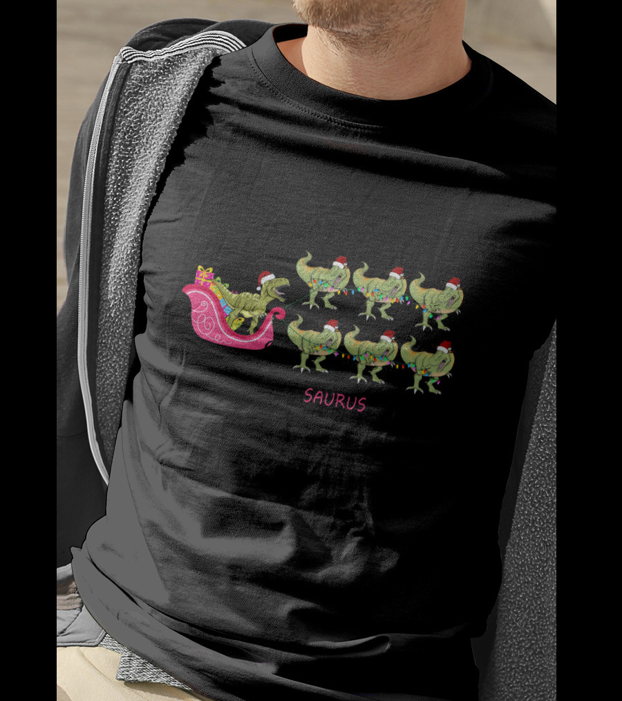 I Am Dreaming Of A Saurus Christmas With Dinosaur Santa Sleigh T-Shirt