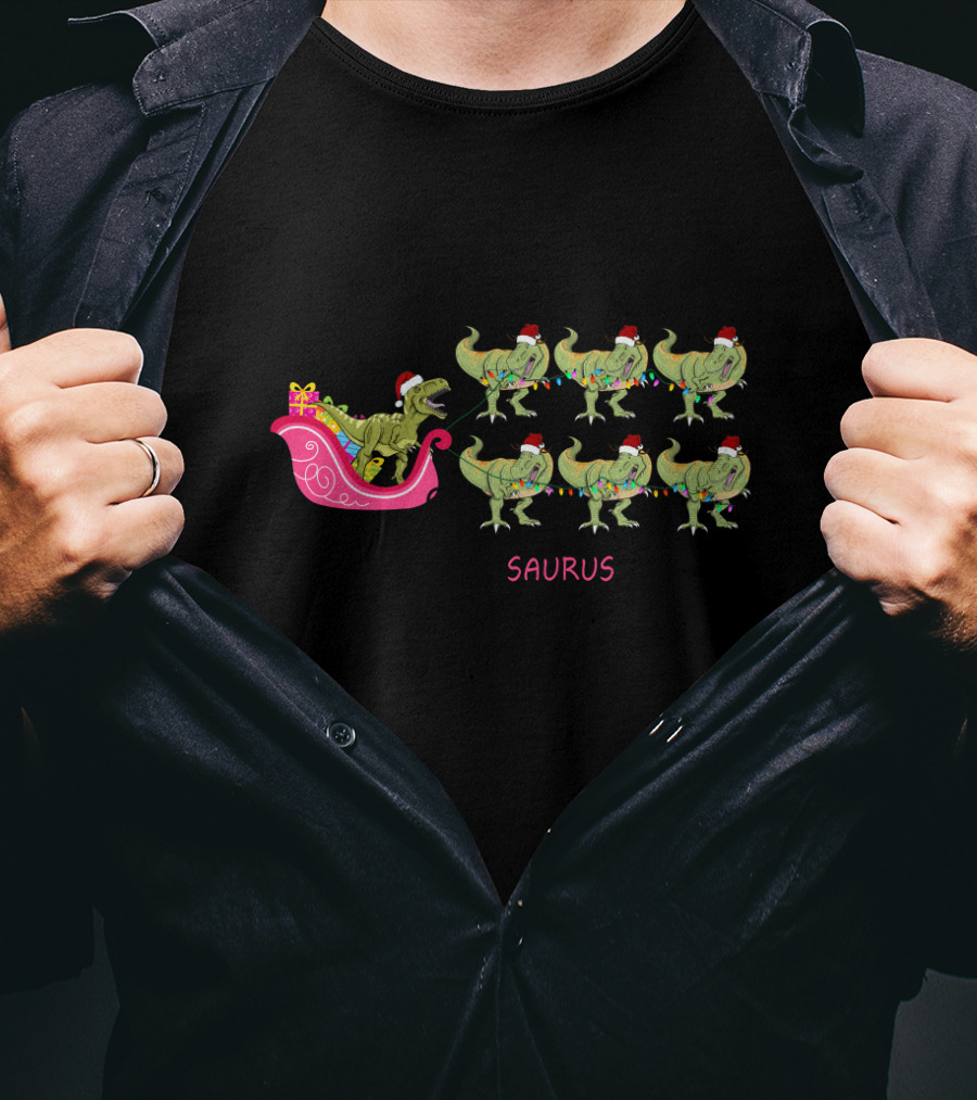 I Am Dreaming Of A Saurus Christmas With Dinosaur Santa Sleigh T-Shirt