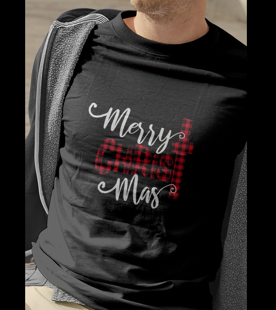 Merry Christ Mas Buffalo Plaid Cross T-Shirt