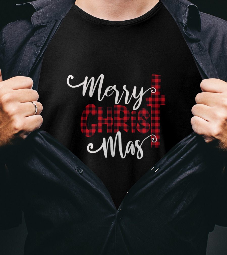 Merry Christ Mas Buffalo Plaid Cross T-Shirt