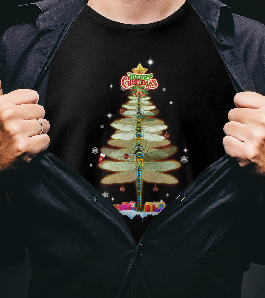 Merry Christmas Dragonfly Tree With Ornaments And Presents T-Shirt