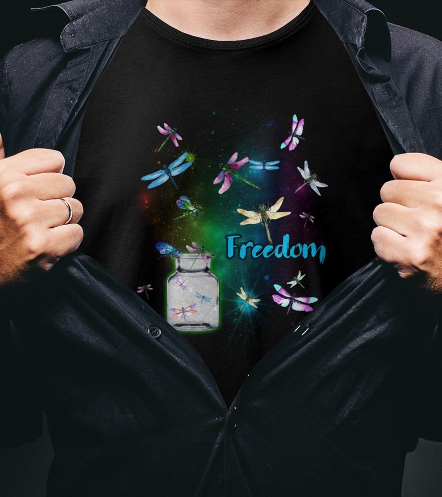 Freedom Dragonflies In A Jar Burst Of Colorful Flight T-Shirt