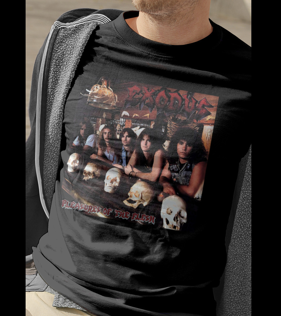 Exodus Pleasures Of The Flesh Album Cover With Band Members And Skulls T-Shirt