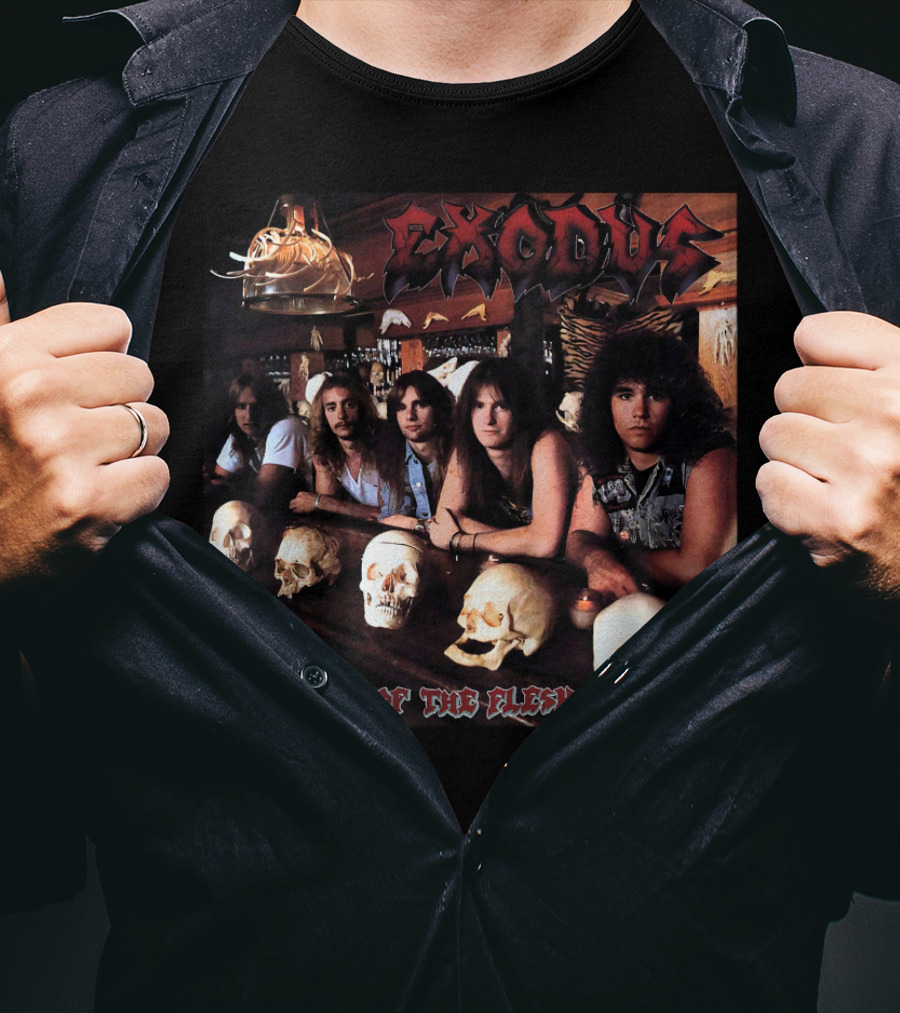 Exodus Pleasures Of The Flesh Album Cover With Band Members And Skulls T-Shirt