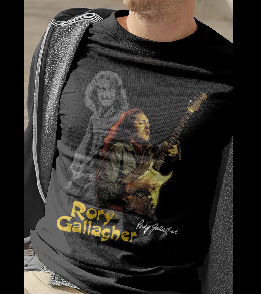 Rory Gallagher Playing Electric Guitar With Signature T-Shirt