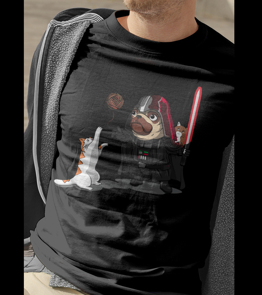 Pug Vader With Lightsaber And Cats Playing With Yarn Star Wars T-Shirt