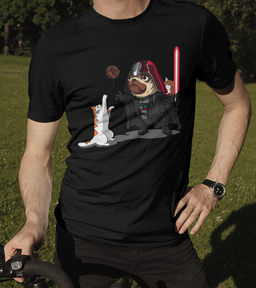 Pug Vader With Lightsaber And Cats Playing With Yarn Star Wars T-Shirt
