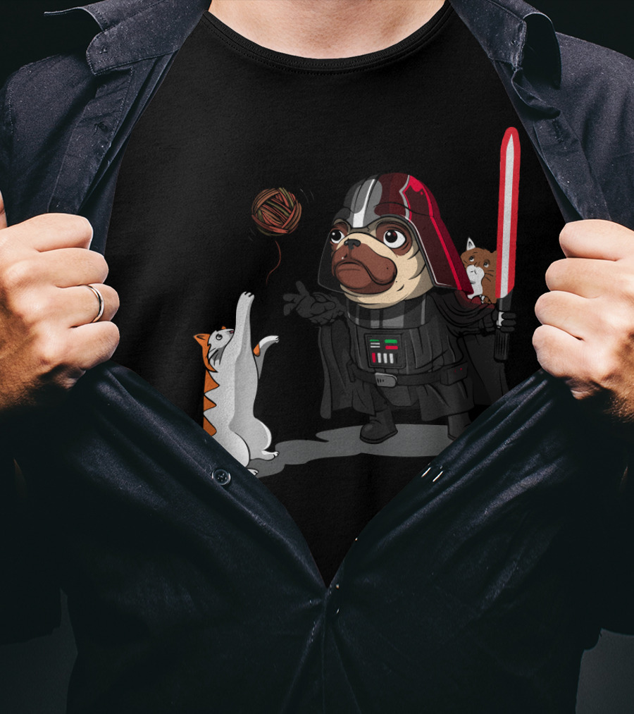 Pug Vader With Lightsaber And Cats Playing With Yarn Star Wars T-Shirt