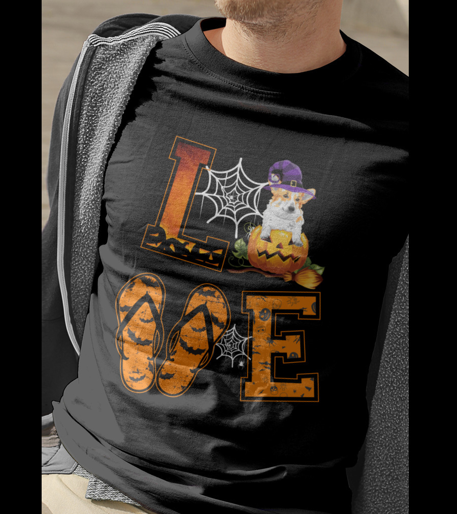 LOVE Corgi Pumpkin Witch Hat Halloween Spiderweb Flip Flops T-Shirt