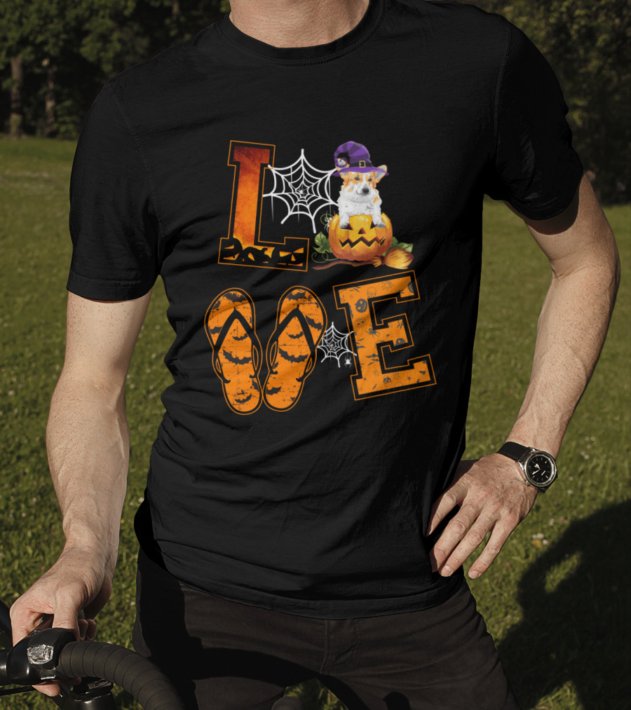 LOVE Corgi Pumpkin Witch Hat Halloween Spiderweb Flip Flops T-Shirt