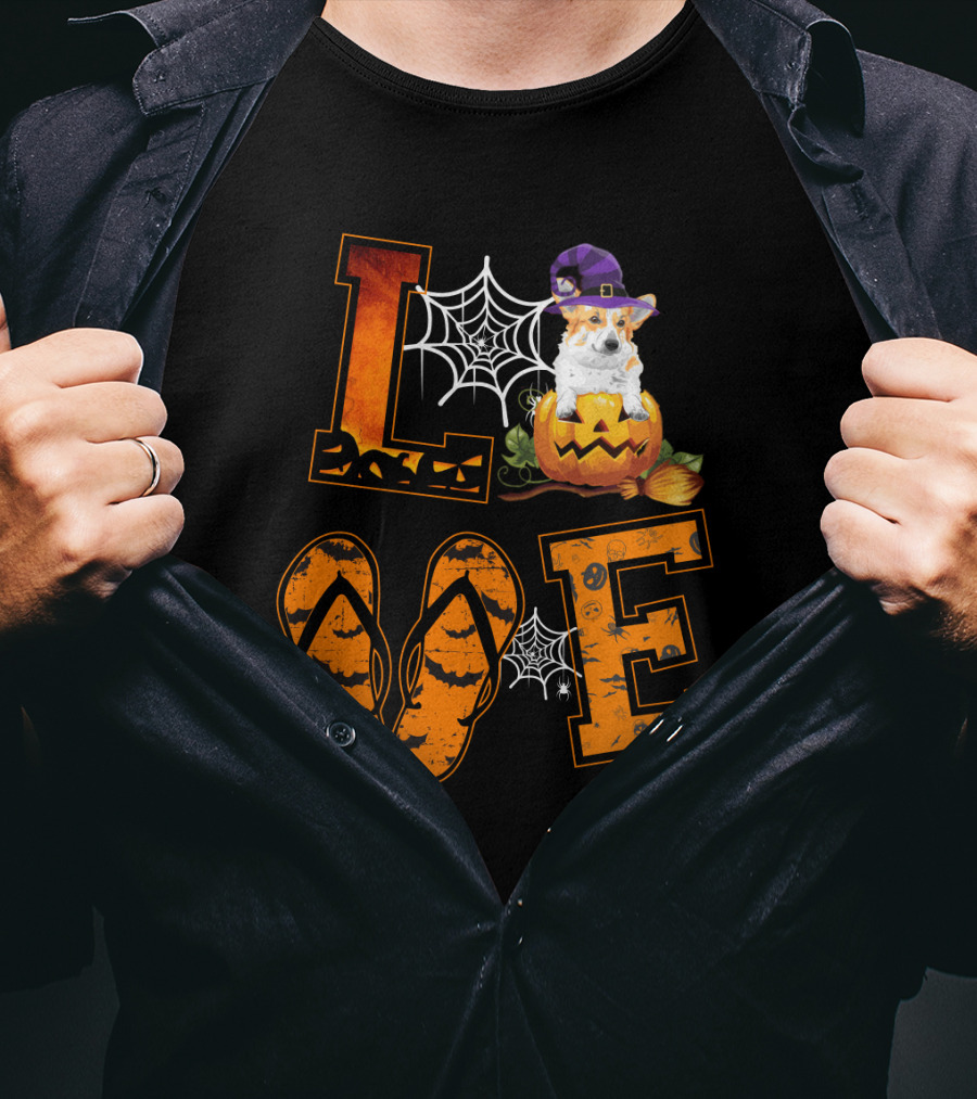 LOVE Corgi Pumpkin Witch Hat Halloween Spiderweb Flip Flops T-Shirt