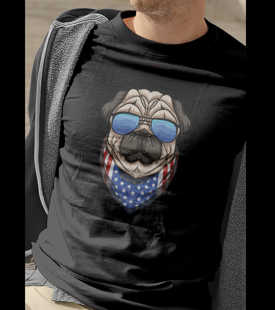 PUG Dog Wearing American Flag Bandana And Reflective Sunglasses T-Shirt