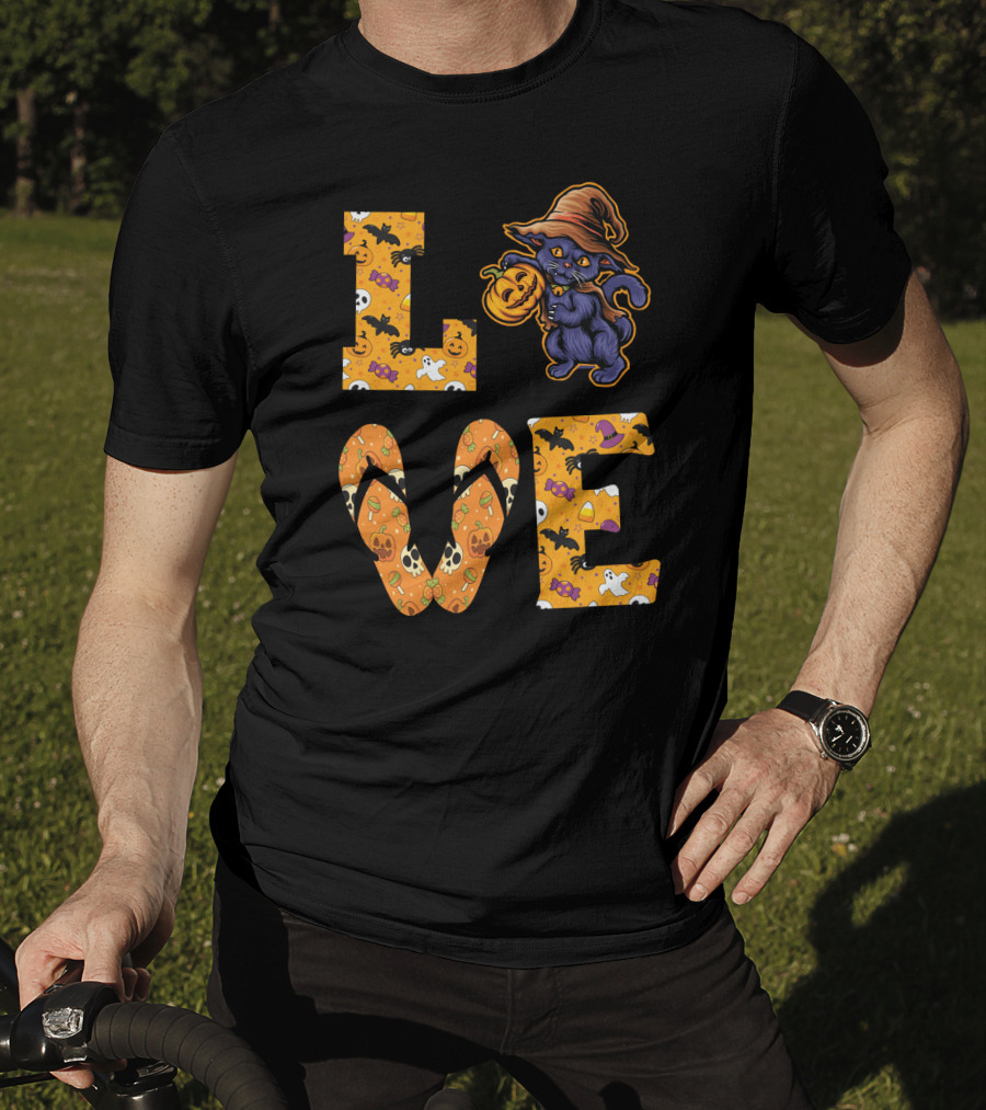 LOVE Halloween Black Cat Witch Hat Pumpkin Candy Ghost Bat Flip-Flops T-Shirt