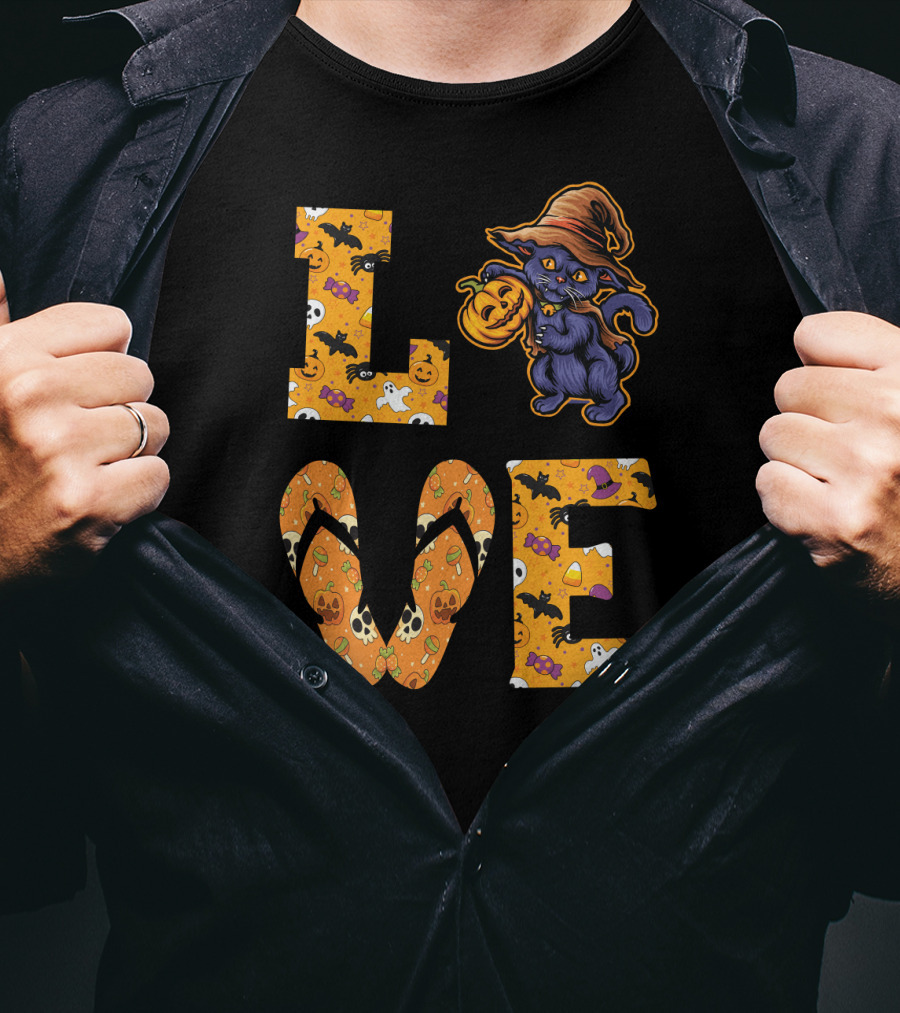 LOVE Halloween Black Cat Witch Hat Pumpkin Candy Ghost Bat Flip-Flops T-Shirt