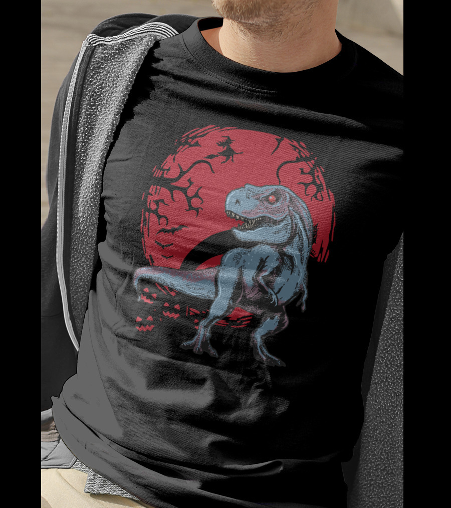 Halloween Dinosaurs T-Rex Red Moon With Witch And Bats T-Shirt