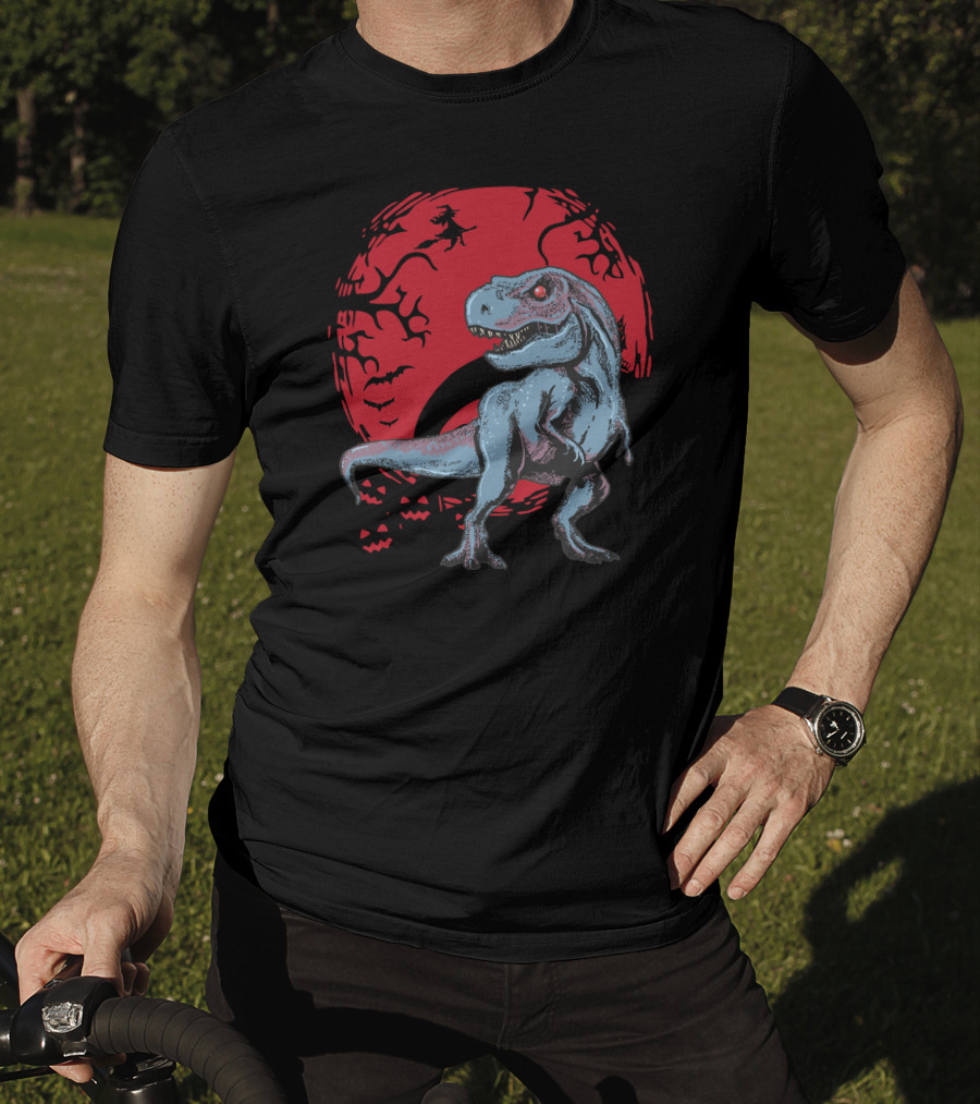 Halloween Dinosaurs T-Rex Red Moon With Witch And Bats T-Shirt