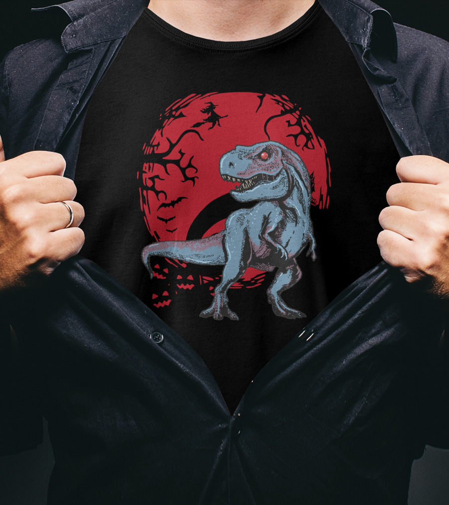 Halloween Dinosaurs T-Rex Red Moon With Witch And Bats T-Shirt