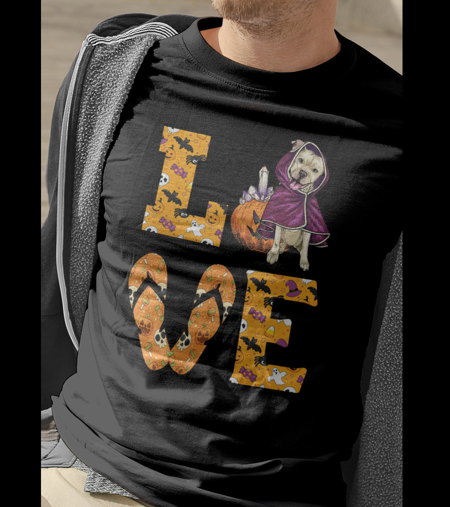 Halloween Pitbull Dog LOVE Candy Pumpkin Ghosts Bats Skeletons Costume T-Shirt