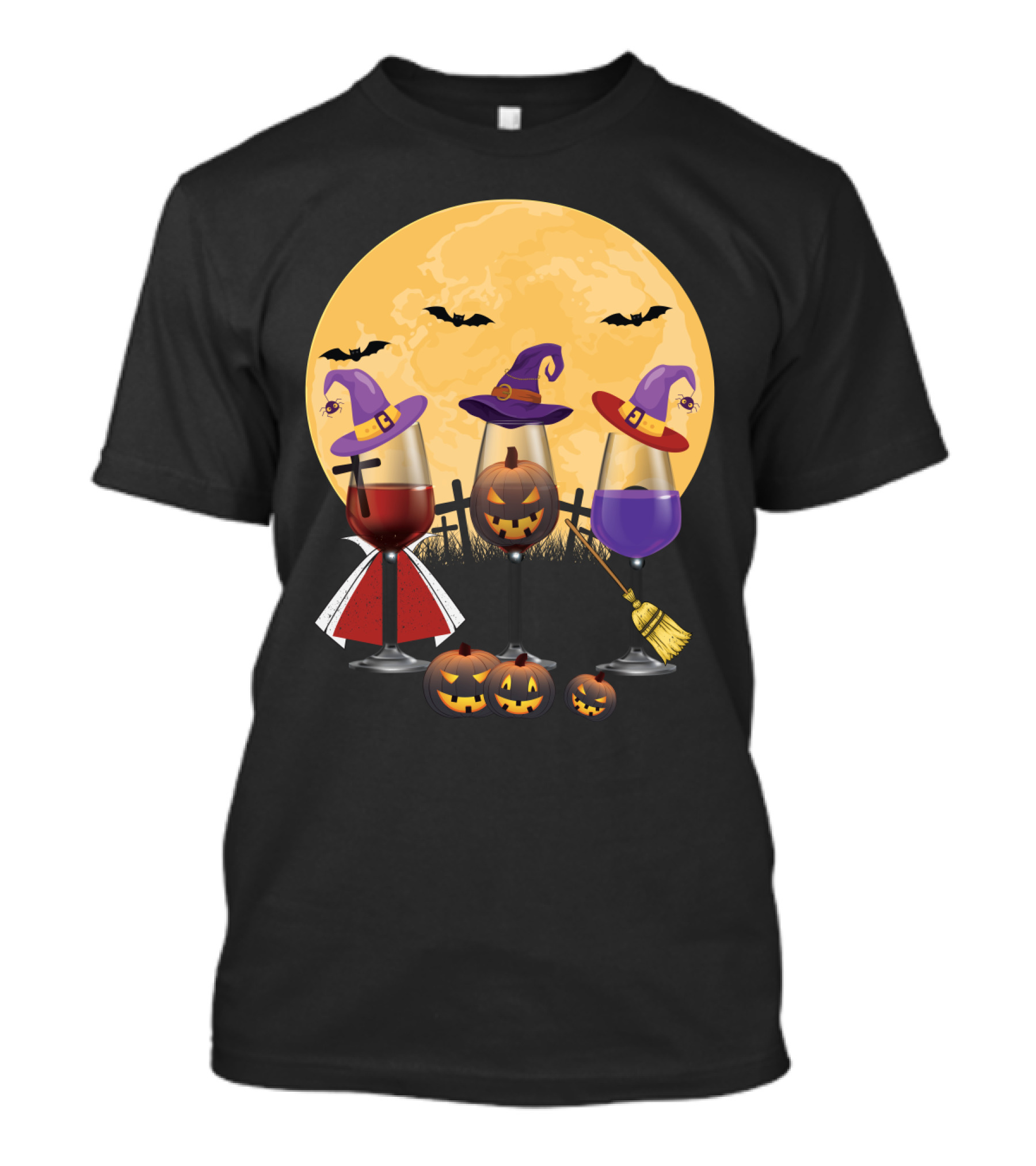 Witchy Halloween Wine Glasses With Jack-O'-Lantern And Moon T-Shirt