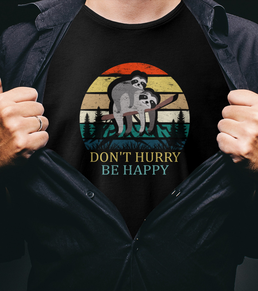 Retro Sloth Hiking Team Don't Hurry Be Happy Vintage Sunset Stripes Forest T-Shirt