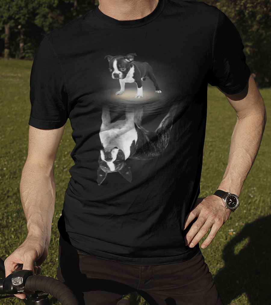 Bostie Mom Boston Terrier Reflections In Water With Puppy T-Shirt