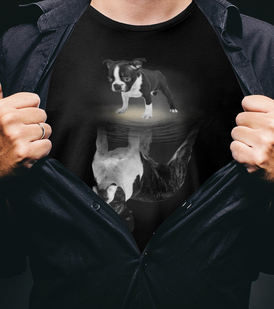 Bostie Mom Boston Terrier Reflections In Water With Puppy T-Shirt