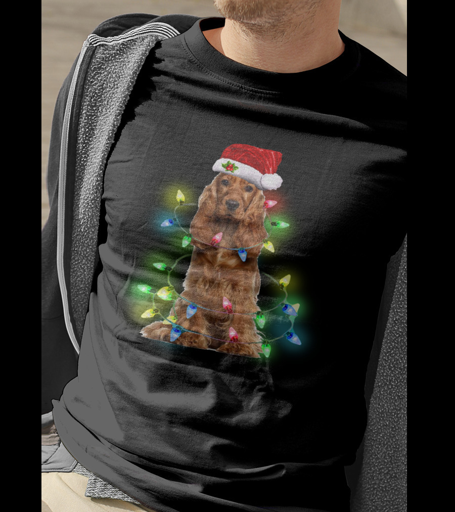 Cocker Spaniel Christmas Santa Hat Wrapped In Colorful Holiday Lights T-Shirt