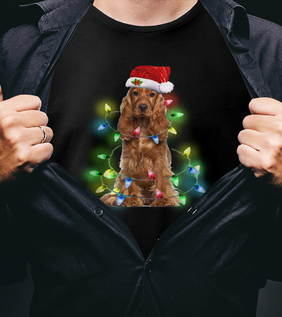 Cocker Spaniel Christmas Santa Hat Wrapped In Colorful Holiday Lights T-Shirt