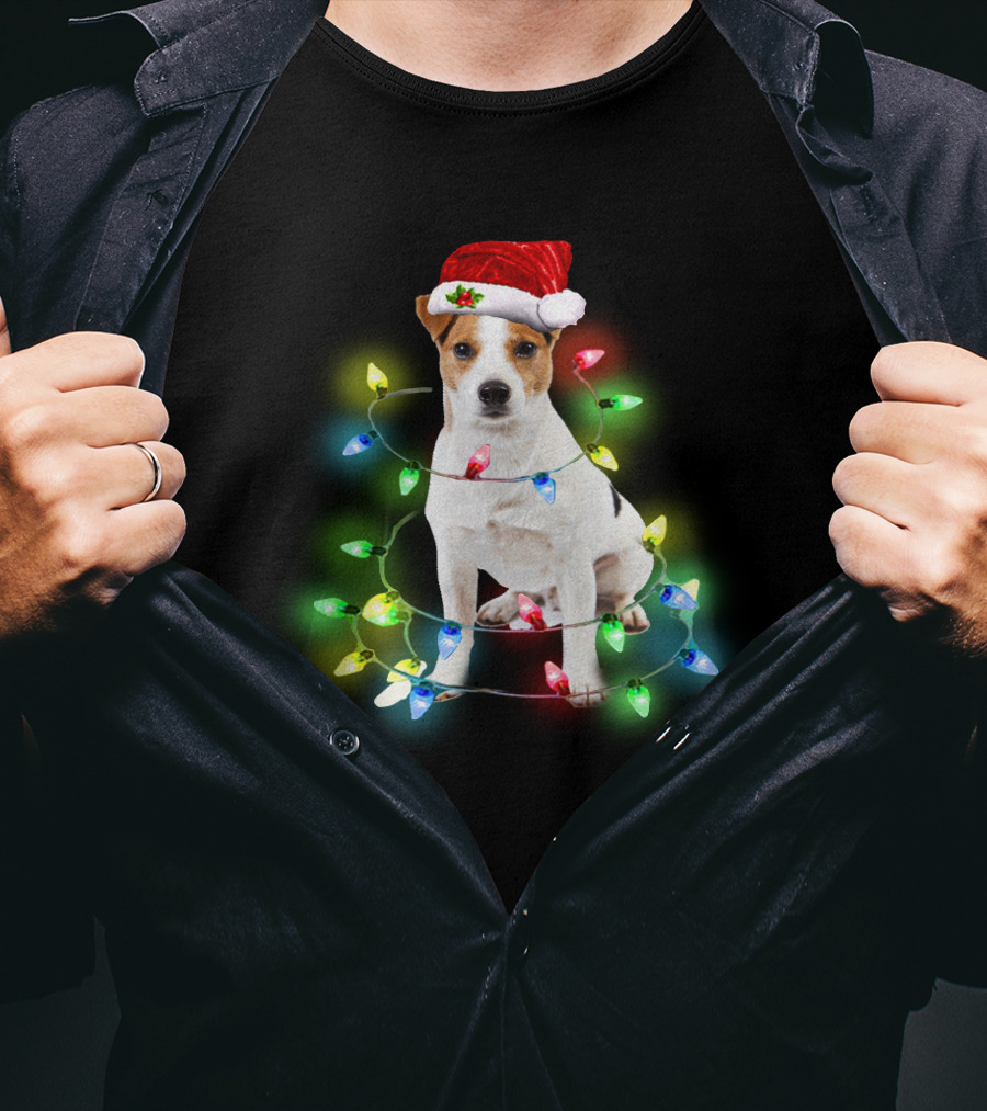 Jack Russell Terrier Holiday Lights Festive Santa Hat T-Shirt