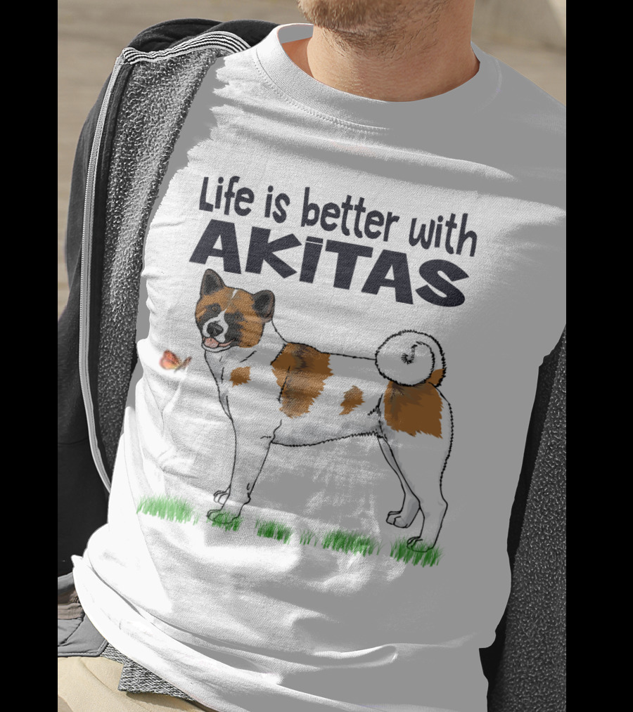 Life Is Better With Akitas Illustrated With Butterfly And Dog T-Shirt
